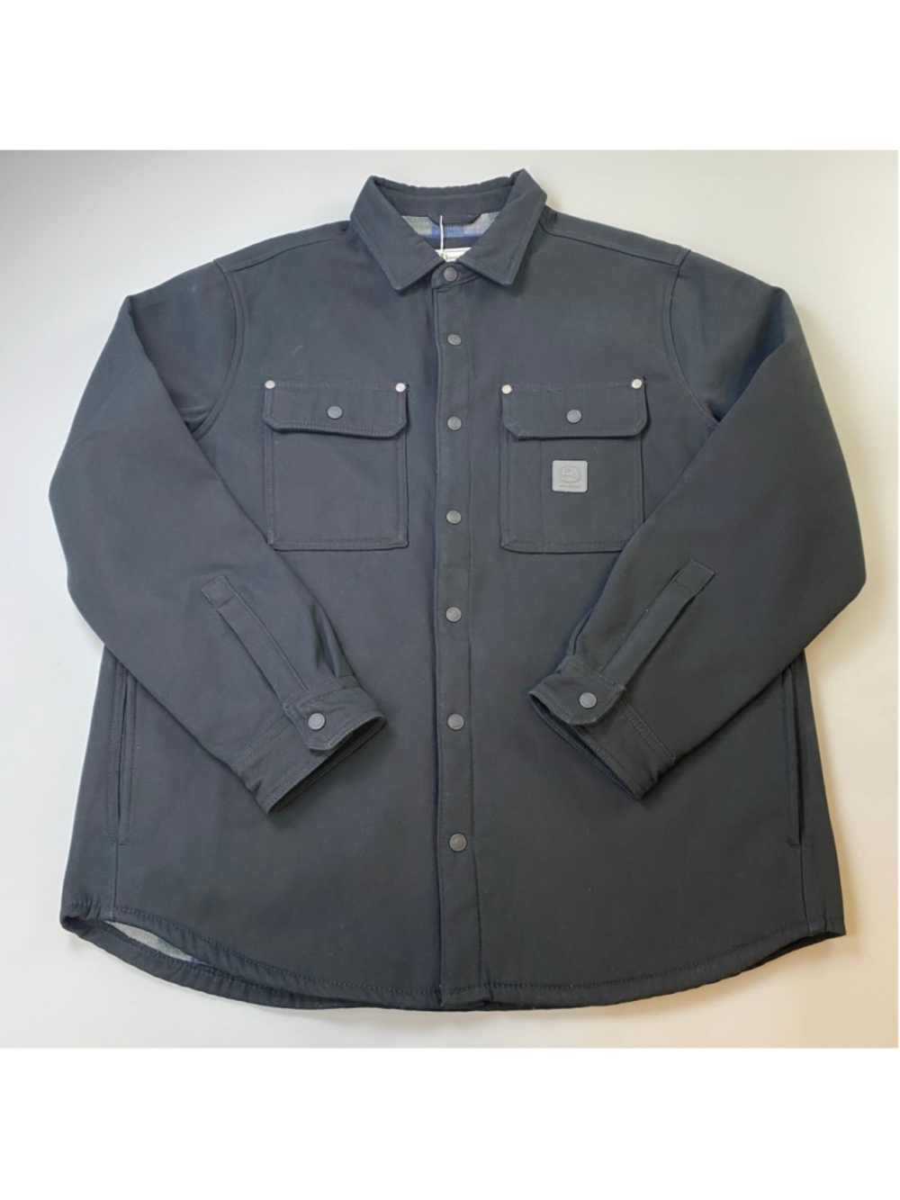 John Deere Shirt Jacket XL Black Canvas Plaid Fleece Lined Gorpcore Utility Work